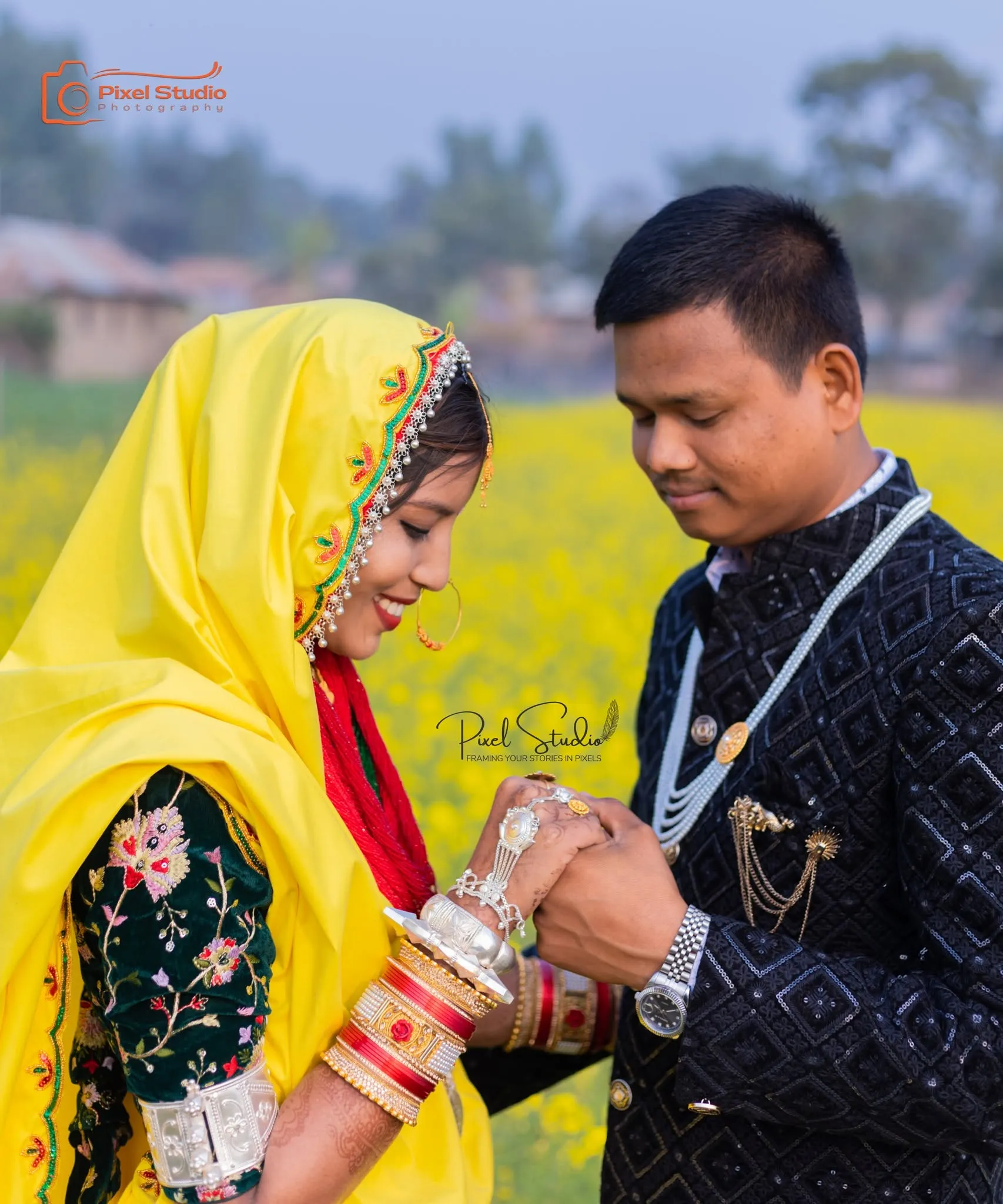 Bridge and groom holding hands
